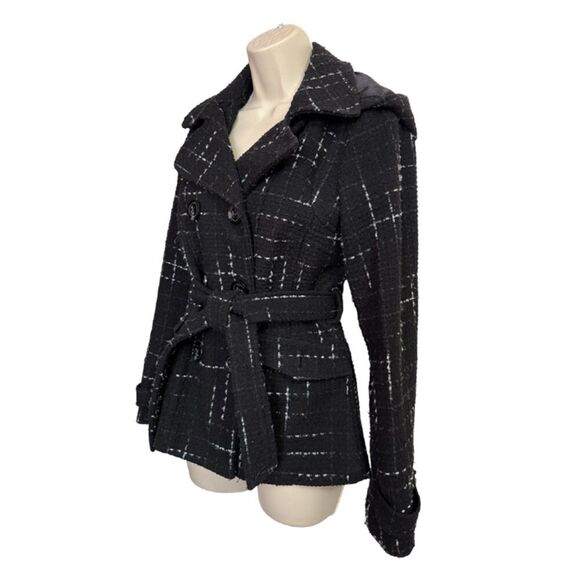 Maralyn & Me Double Breasted Pea Coat Tweed Black Plaid Jacket - Picture 5 of 14